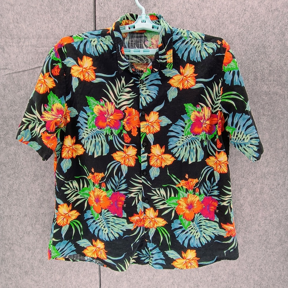 JOGAL Mens XXL Hawaiian Shirt Black Tropical Floral Short Sleeve Button Up